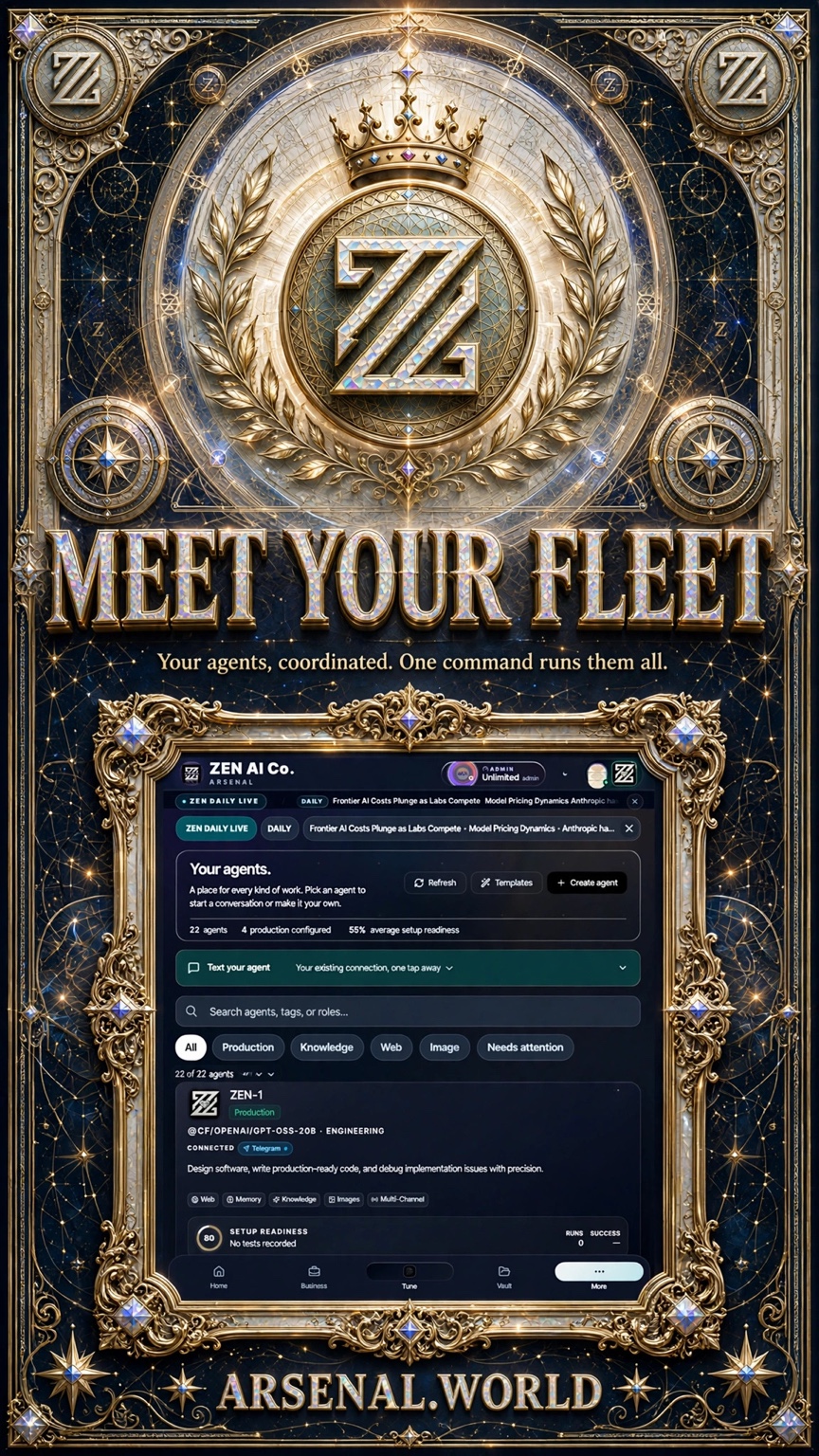 Meet Your Fleet — the ZEN Arsenal poster with a crowned holographic Z crest, gold laurel and jeweled border, and an Arsenal agents interface.